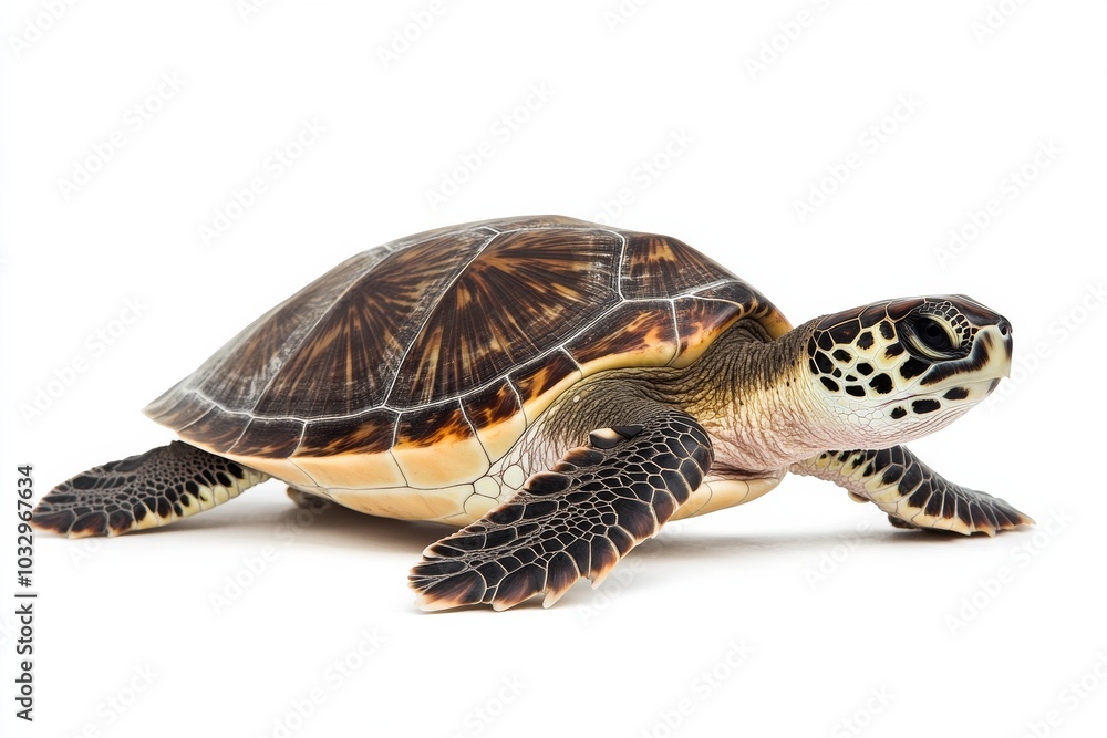Obraz premium the beside view Hawksbill Sea Turtle, left side view, white copy space on right, Isolated on White Background