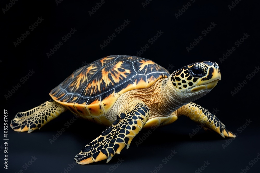 Fototapeta premium the beside view Hawksbill Sea Turtle, left side view, white copy space on right, Isolated on dark Background