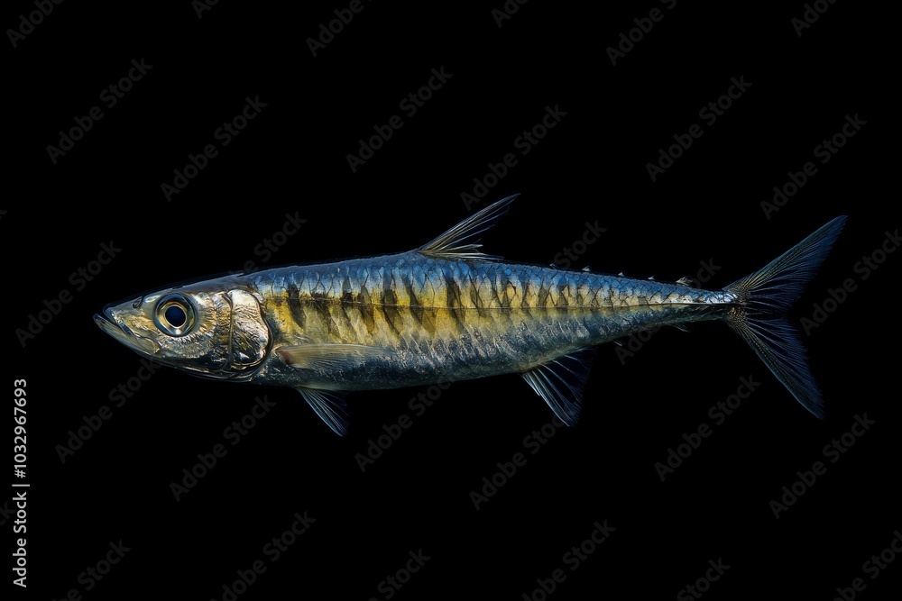 the beside view Indian Mackerel, left side view, white copy space on right, Isolated on dark Background