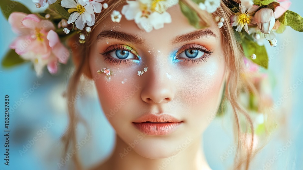 Lovely Girl with Flowers. Close-up of the face. Hairstyle and Cosmetics Lovely Girl with Flowers. Close-up of the face. Hairstyle and Cosmetics