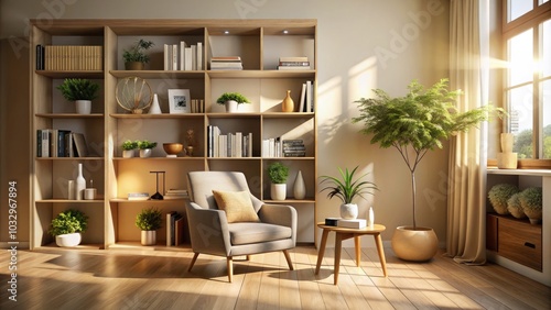 Cozy Sunlit Corner with Elegant Chair and Stylish Shelving for Relaxation and Reading, Bright Interior Design, Warm Natural Light, Modern Home Decor, Minimalist Style