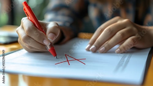 Close-up of a hand writing a red marker error on a document.