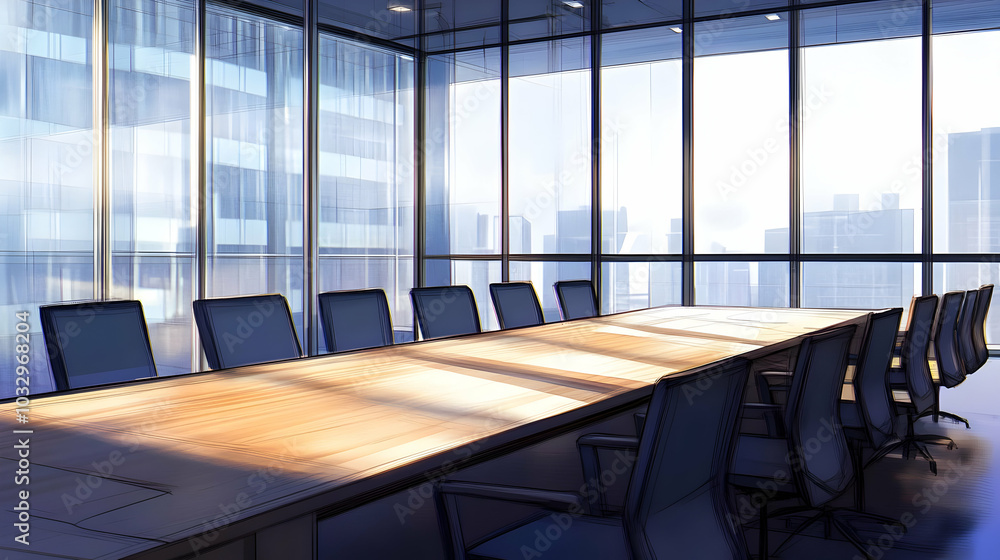 A modern conference room with a large table and panoramic city views. A modern conference room with a large table and panoramic city views.