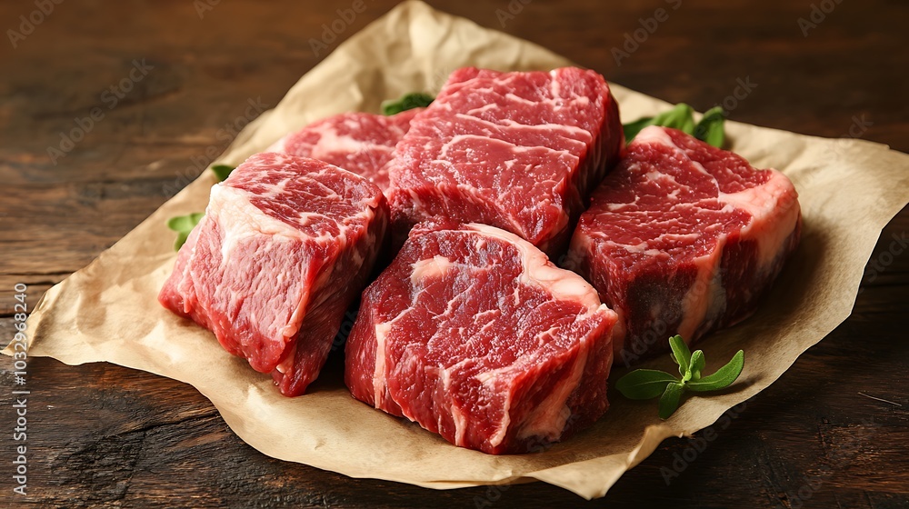 Raw Beef Steaks on Butcher Paper Raw Beef Steaks on Butcher Paper