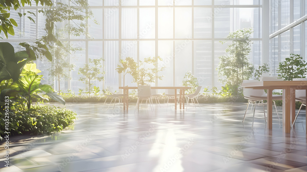 Bright, modern indoor space with plants and natural light, ideal for relaxation or meetings. Bright, modern indoor space with plants and natural light, ideal for relaxation or meetings.