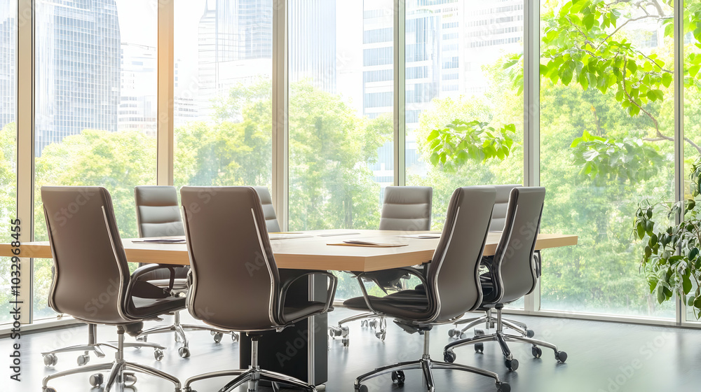 Modern conference room with large windows and greenery outside.