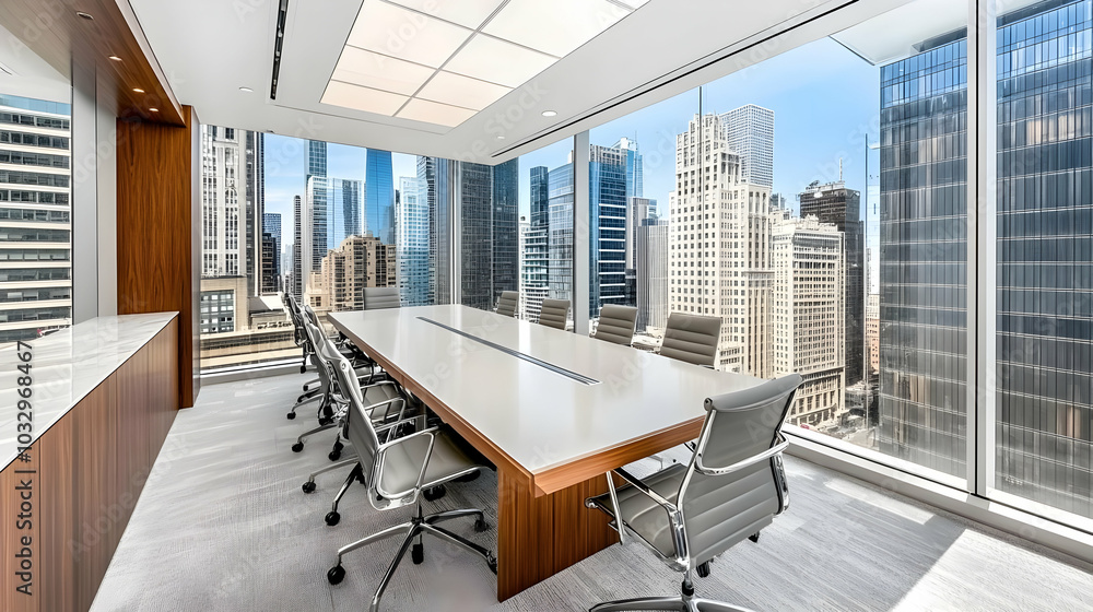 Fototapeta premium Modern conference room with a large table and city skyline view.