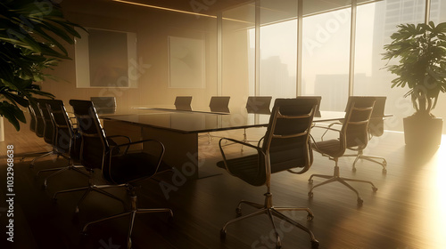 A modern conference room with a large table, chairs, and natural light.