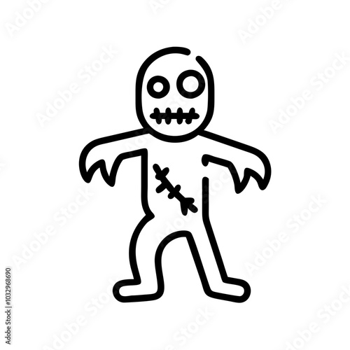 Black outline icon of a zombie with a disheveled appearance, missing limbs, and an expressive face, designed without a background, perfect for representing Halloween themes, horror.