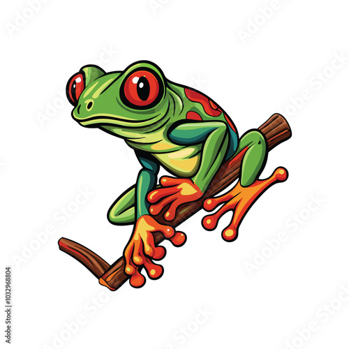 A realistic vector illustration of a red-eyed tree frog clinging to a branch with vibrant colors.