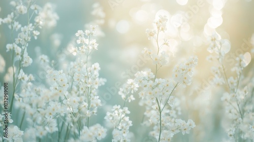 Delicate white flowers in sunlight, dreamy nature background. Tranquil garden and serenity concept