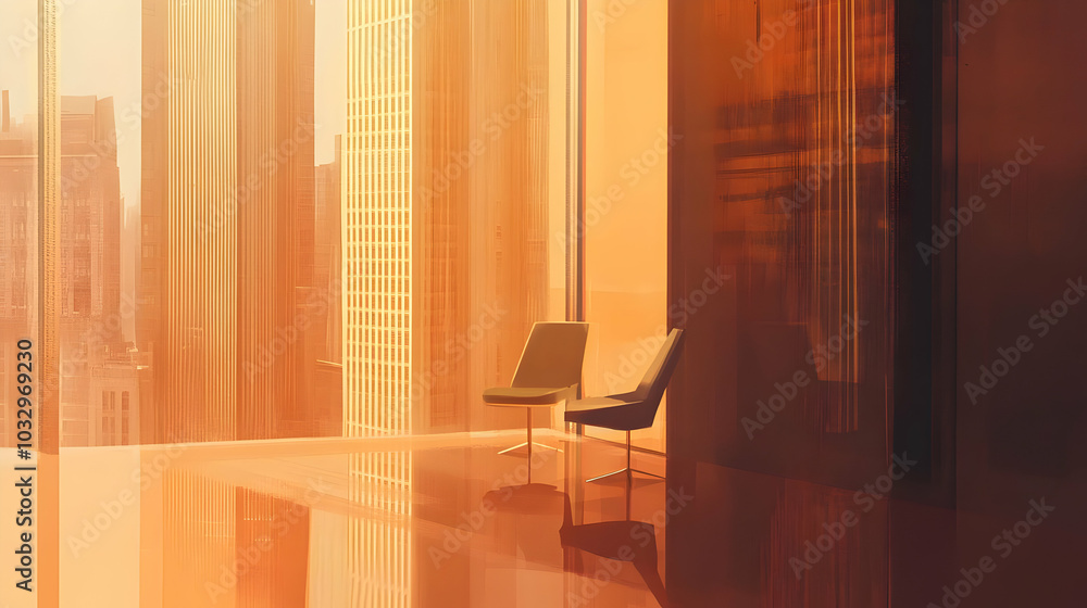 Fototapeta premium A serene interior with two chairs bathed in warm sunlight, reflecting a modern urban space.