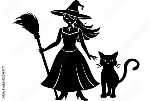 Beautiful witch with a broomstick and a cat. Vector black silhouette photo