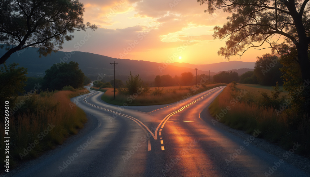 Winding Road Through Countryside at Sunset with Warm Colors Winding Road Through Countryside at Sunset with Warm Colors