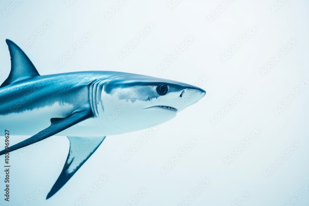 Obraz premium the beside view Thresher Shark, left side view, white copy space on right, Isolated on White Background