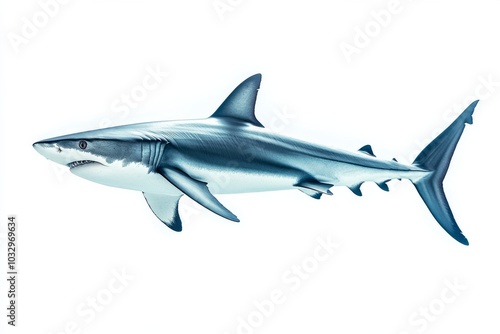 the beside view Thresher Shark, left side view, white copy space on right, Isolated on White Background