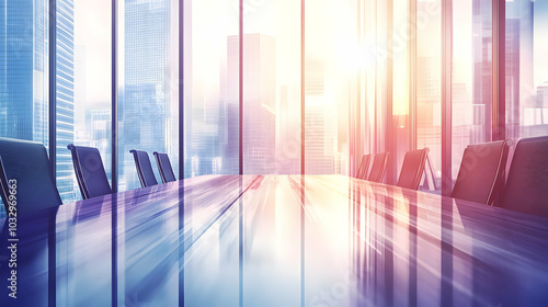 Modern conference room with a city skyline view  bathed in warm light.
