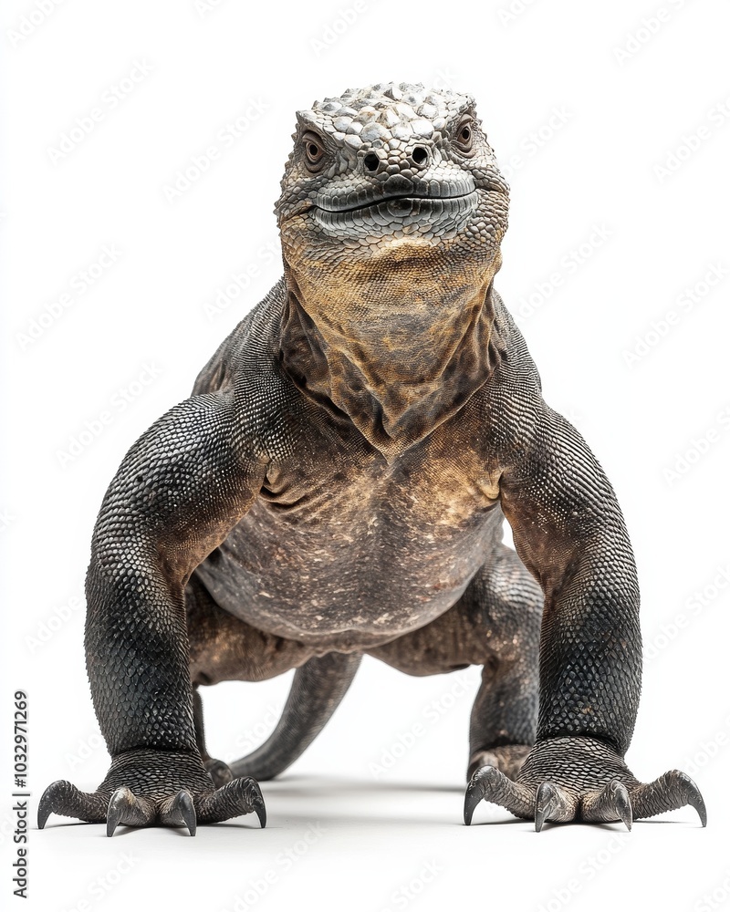 the Marine Iguana, portrait view, white copy space on right, Isolated on white Background the Marine Iguana, portrait view, white copy space on right, Isolated on white Background