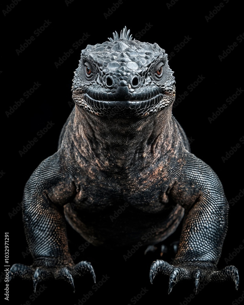 Obraz premium the Marine Iguana, portrait view, white copy space on right, Isolated on black Background