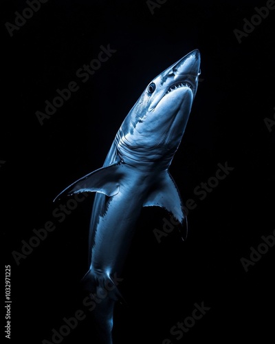 the Mako Shark, portrait view, white copy space on right, Isolated on black Background photo