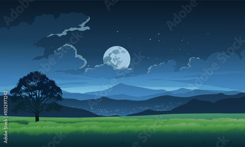 Meadow night landscape with moon and trees