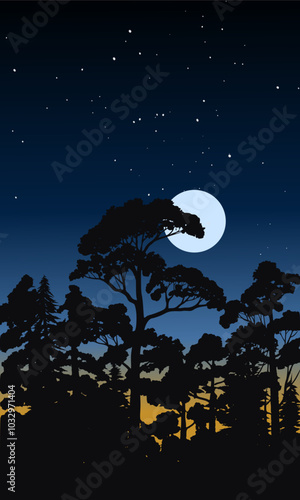 Forest silhouette and full moon
