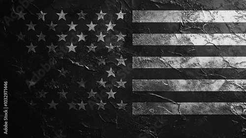 Frayed and worn American flag in black and white, tattered edges, creases, and subtle tears, symbolizing distress, struggle, and faded patriotism on a dark background.