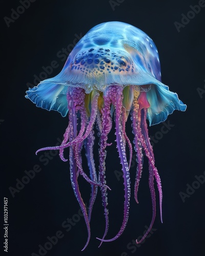 the Portuguese Man o' War, portrait view, white copy space on right, Isolated on black Background