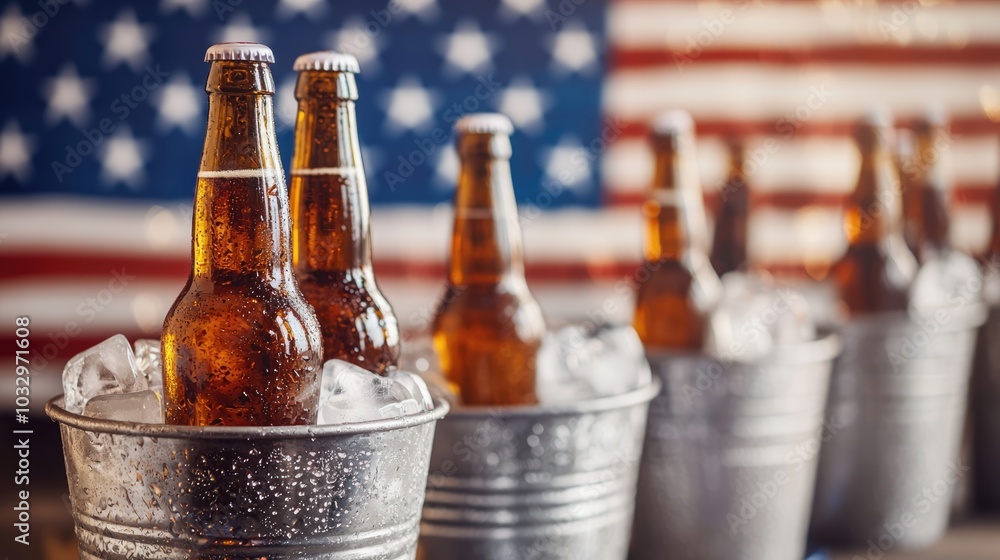 Fototapeta premium Bottles of beer in ice buckets with a blurred American flag backdrop, evoking a festive, patriotic atmosphere.