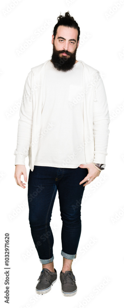 Young man with long hair and beard wearing sporty sweatshirt depressed and worry for distress, crying angry and afraid. Sad expression. Young man with long hair and beard wearing sporty sweatshirt depressed and worry for distress, crying angry and afraid. Sad expression.