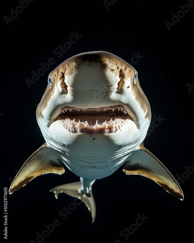 the Sand Tiger Shark, portrait view, white copy space on right, Isolated on black Background photo