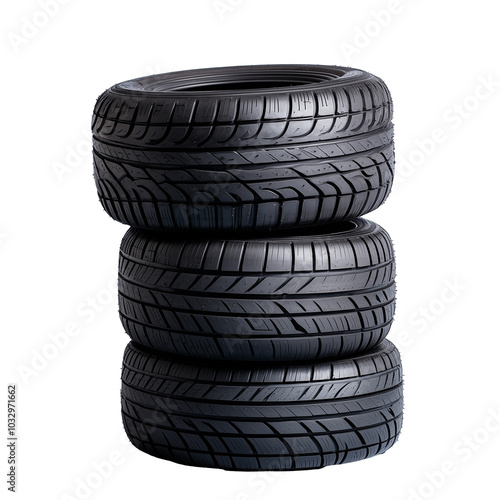 Stack of three black car tires on transparent background photo