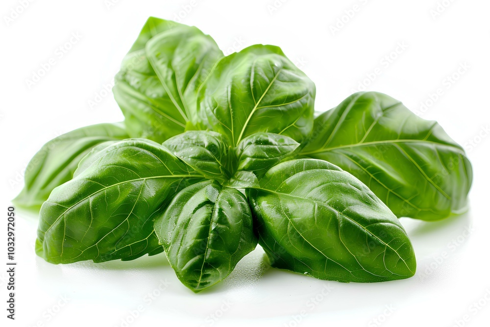 Fototapeta premium A group of basil leaves on a white surface