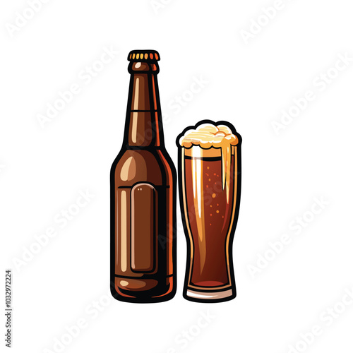 A cartoon illustration of a tall brown beer bottle with foam on top and a glass of beer with foam standing next to it.