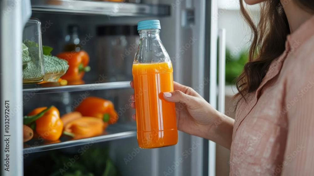 Young woman taking bottle of juice out of refrigerator, closeup Young woman taking bottle of juice out of refrigerator, closeup