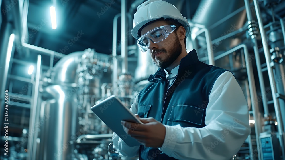 An engineer with a digital tablet, inspecting machinery components in a futuristic petrochemical processing facility.