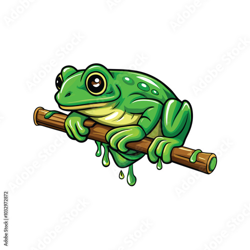 A vector illustration of a bright green frog resting on a bamboo branch.