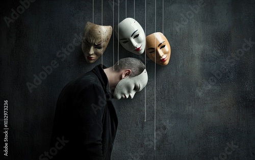 Role selection: person examines masks emotions, assessing which expression best fits their current psychological state, struggle between true self, adopted facades in different social contexts. photo