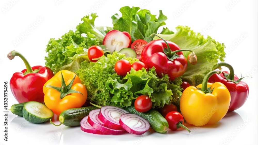 Fresh Vibrant Salad Ingredients Floating on White Background - Colorful Vegetables, Greens, Healthy Eating, Organic Produce, Culinary Delights, Nutrient-Rich Ingredients, Food Photography Fresh Vibrant Salad Ingredients Floating on White Background - Colorful Vegetables, Greens, Healthy Eating, Organic Produce, Culinary Delights, Nutrient-Rich Ingredients, Food Photography