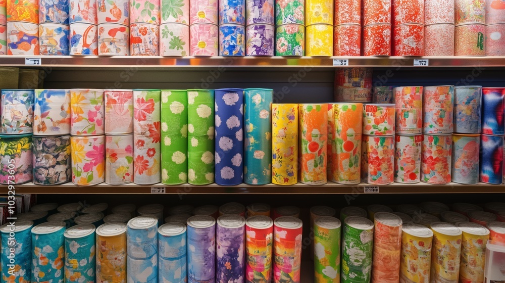 Obraz premium Colorful recyclable wraps encasing retail shelf products packaging display. AI generated
