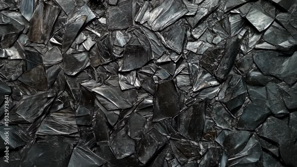 A close-up view of broken black plastic, likely from a discarded plastic bag, creating an abstract texture A close-up view of broken black plastic, likely from a discarded plastic bag, creating an abstract texture