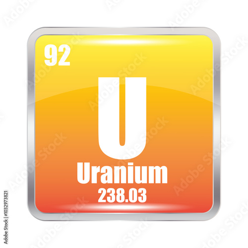 Uranium icon. U chemical element. Atomic number 92. Mass 238.03. Yellow square image.
