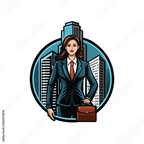 Vector illustration of a confident businesswoman wearing a suit and tie, holding a briefcase, standing in front of a cityscape.