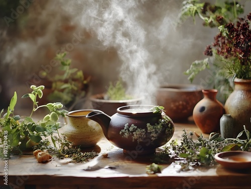 Peaceful Tea Ceremony with Medicinal Herbal Infusion and Gentle Rising Steam Surrounded by Fresh Herbs and Pottery