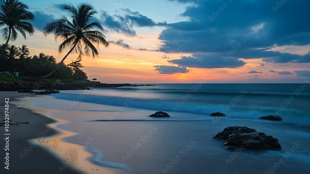 A tranquil beach scene at sunset, with palm trees swaying gently in the breeze A tranquil beach scene at sunset, with palm trees swaying gently in the breeze