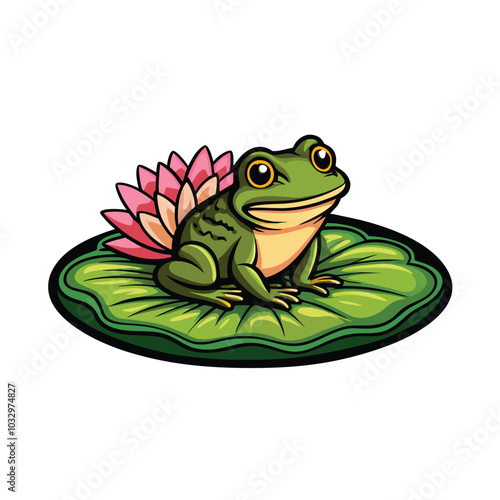 A vector illustration of a green frog with yellow eyes, sitting on a green lily pad with a pink lily flower behind it.