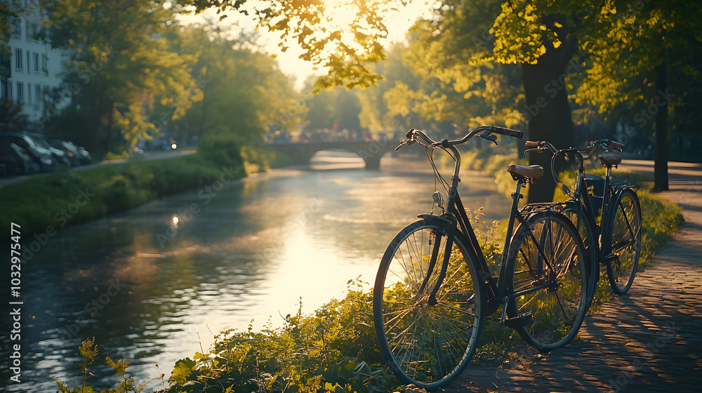 Fototapeta premium A Scene of Multiple Bicycles Neatly Parked by a Peaceful Riverbank, Showcasing the Harmony Between Urban Biking Culture and Nature