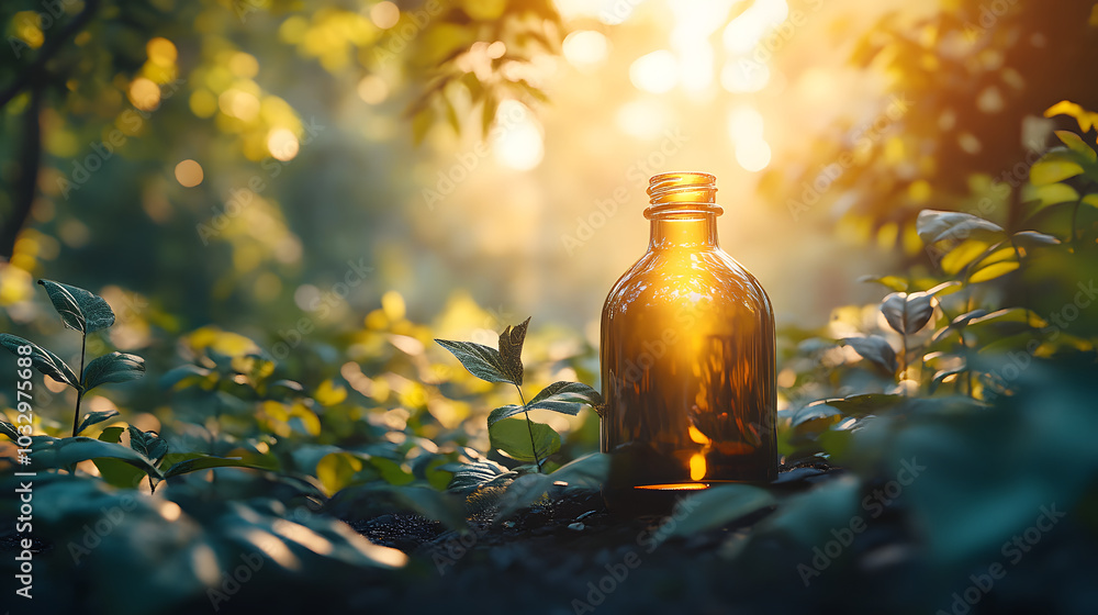 A Serene Natural Spot Featuring a Tranquil Bottle Surrounded by Lush Greenery and Beautiful Sunlight A Serene Natural Spot Featuring a Tranquil Bottle Surrounded by Lush Greenery and Beautiful Sunlight