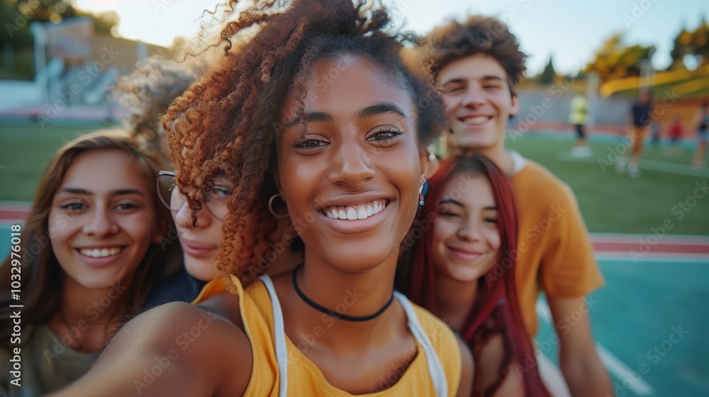 A group of multiethnic students taking a selfie at the sports field, smiling and looking into the camera, with a football court in the background A group of multiethnic students taking a selfie at the sports field, smiling and looking into the camera, with a football court in the background