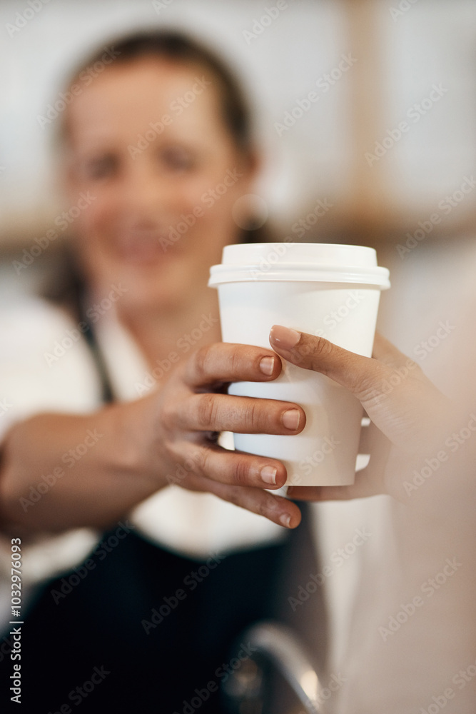 Coffee shop, giving and hands of waitress with takeaway cup for drink, caffeine beverage and cappuccino. Cafe, espresso and customer with barista in restaurant, counter and diner at breakfast service Coffee shop, giving and hands of waitress with takeaway cup for drink, caffeine beverage and cappuccino. Cafe, espresso and customer with barista in restaurant, counter and diner at breakfast service